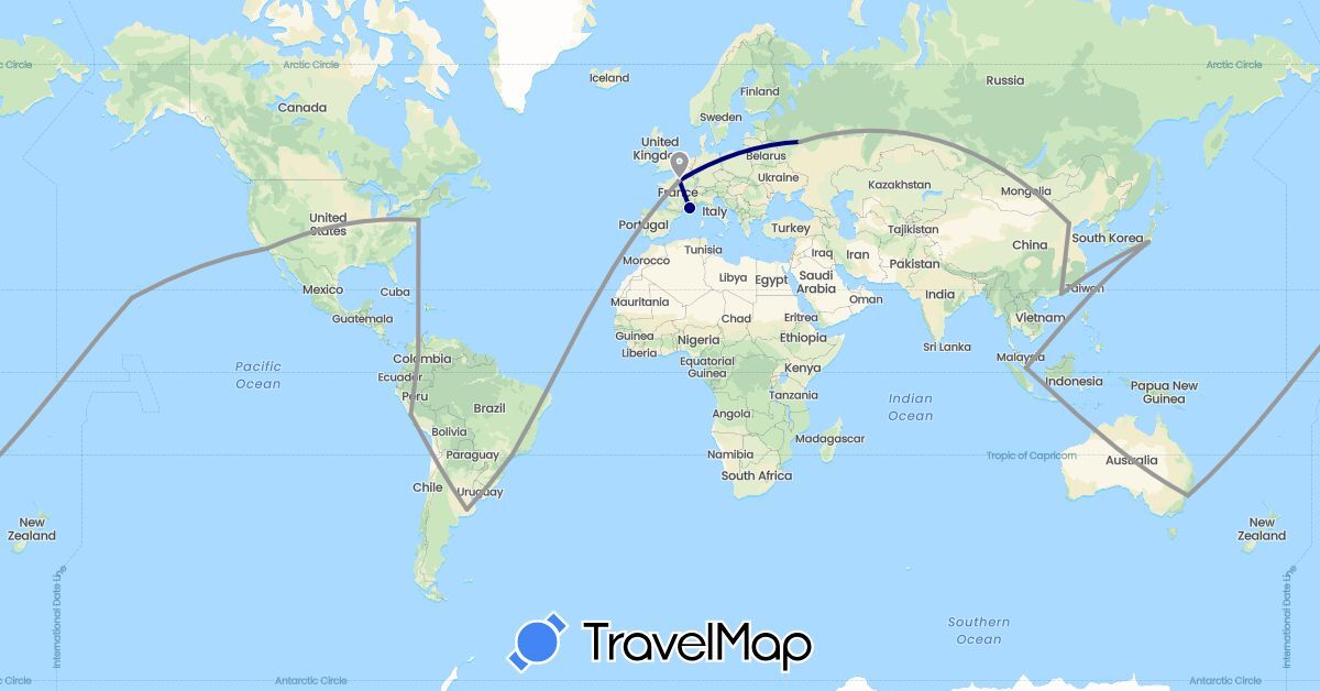 TravelMap itinerary: driving, plane in Argentina, Australia, Brazil, China, Colombia, France, Hong Kong, Japan, Peru, Russia, Singapore, United States (Asia, Europe, North America, Oceania, South America)